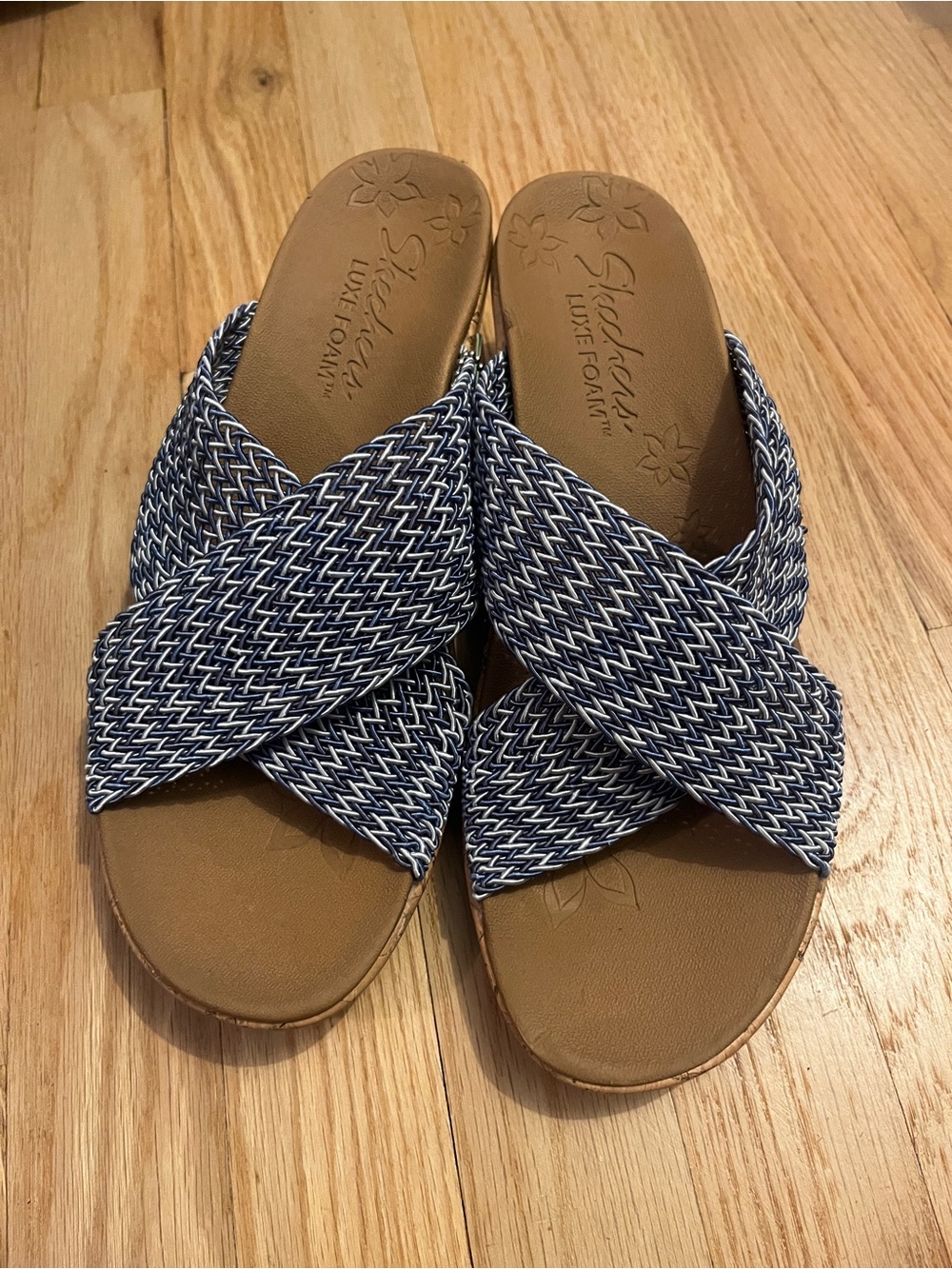 Skechers Navy and White Woven Crisscross Slide Sandals